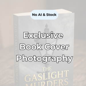 A promotional banner for exclusive book cover photography, featuring a 3D thriller novel mockup with text overlays reading No AI and Stock Exclusive Book Cover Photography.