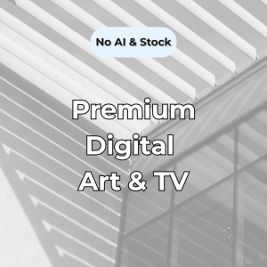 A promotional banner for premium digital art and TV display backgrounds, featuring a bright, minimalist architectural structure with text overlays reading No AI and Stock Premium Digital Art and TV