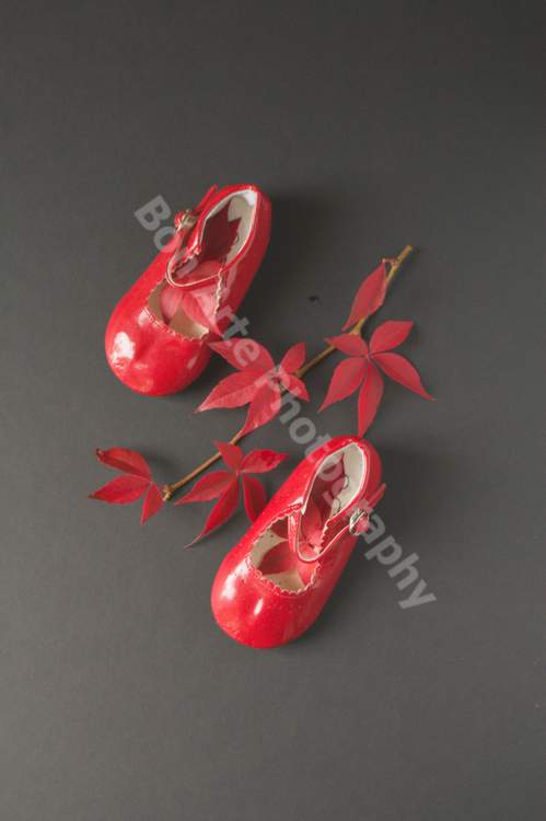 red children shoes leaves footsteps book cover stock by bon arte photography A pair of glossy red children shoes arranged as if taking footsteps next to a branch of vibrant red autumn leaves on a flat dark grey background for thriller novel book cover photography by Bon Arte Photography.