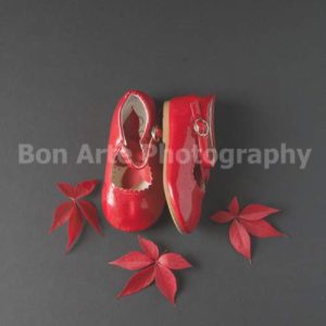 A pair of shiny red patent leather children dancing shoes surrounded by scattered crimson autumn leaves on a dark grey textured hardcover book background for gothic mystery novel photography by Bon Arte Photography.