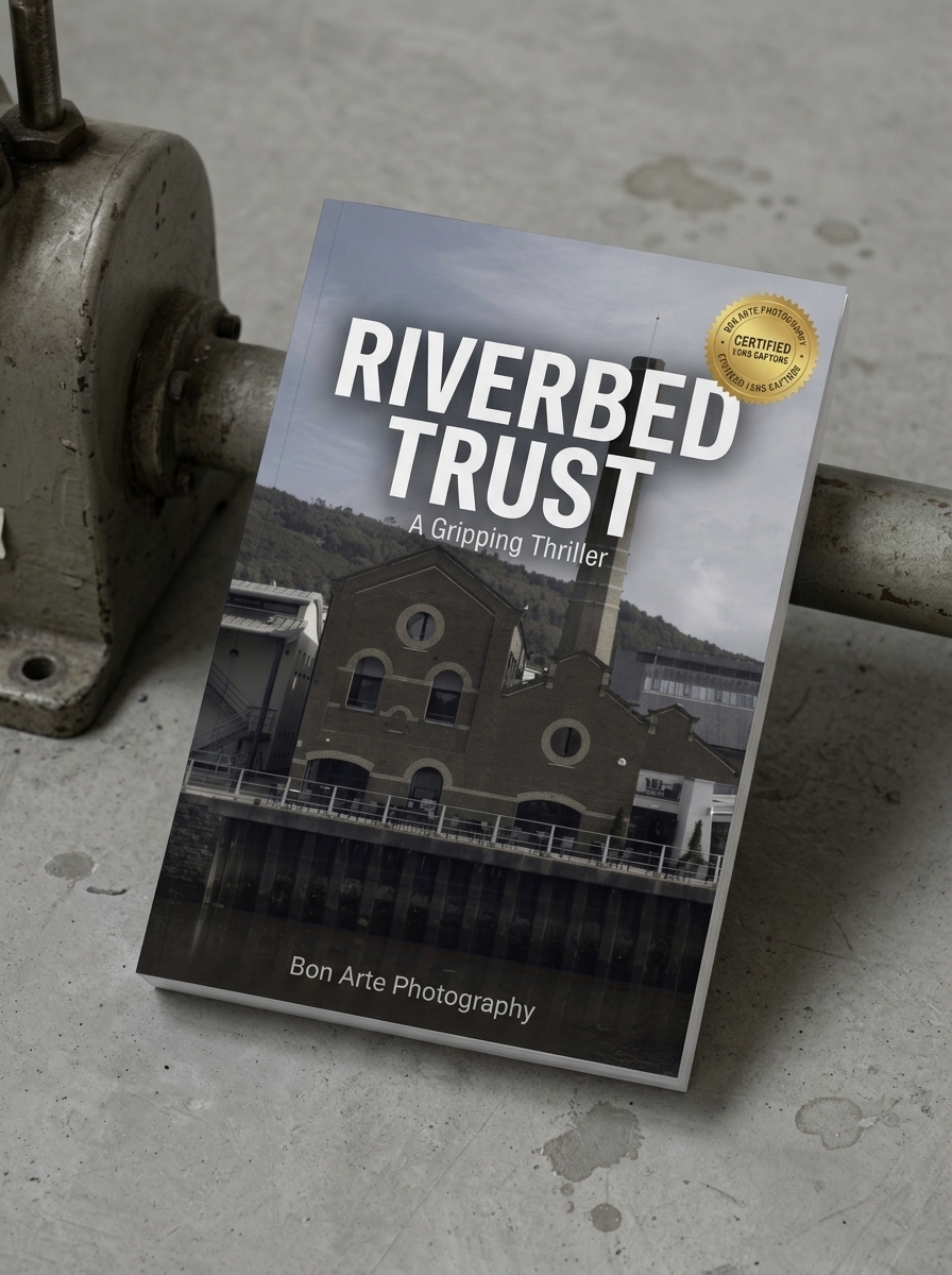 the smoke stack noir thriller book cover mockup by bon arte photography A 3D paperback mockup of a fictional industrial noir thriller novel titled The Smoke Stack, showcasing an old brick factory building and a towering factory chimney by a riverfront backdrop.