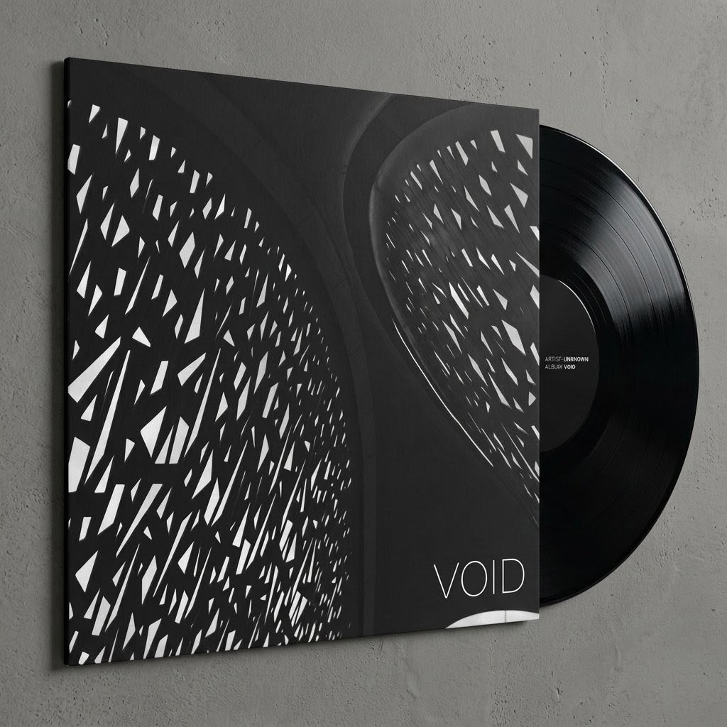 void techno music vinyl record mockup bon arte photography A 3D vinyl record sleeve mockup showcasing a fictional techno music album titled VOID, featuring an abstract black and white geometric lattice architecture photograph background by Bon Arte Photography.